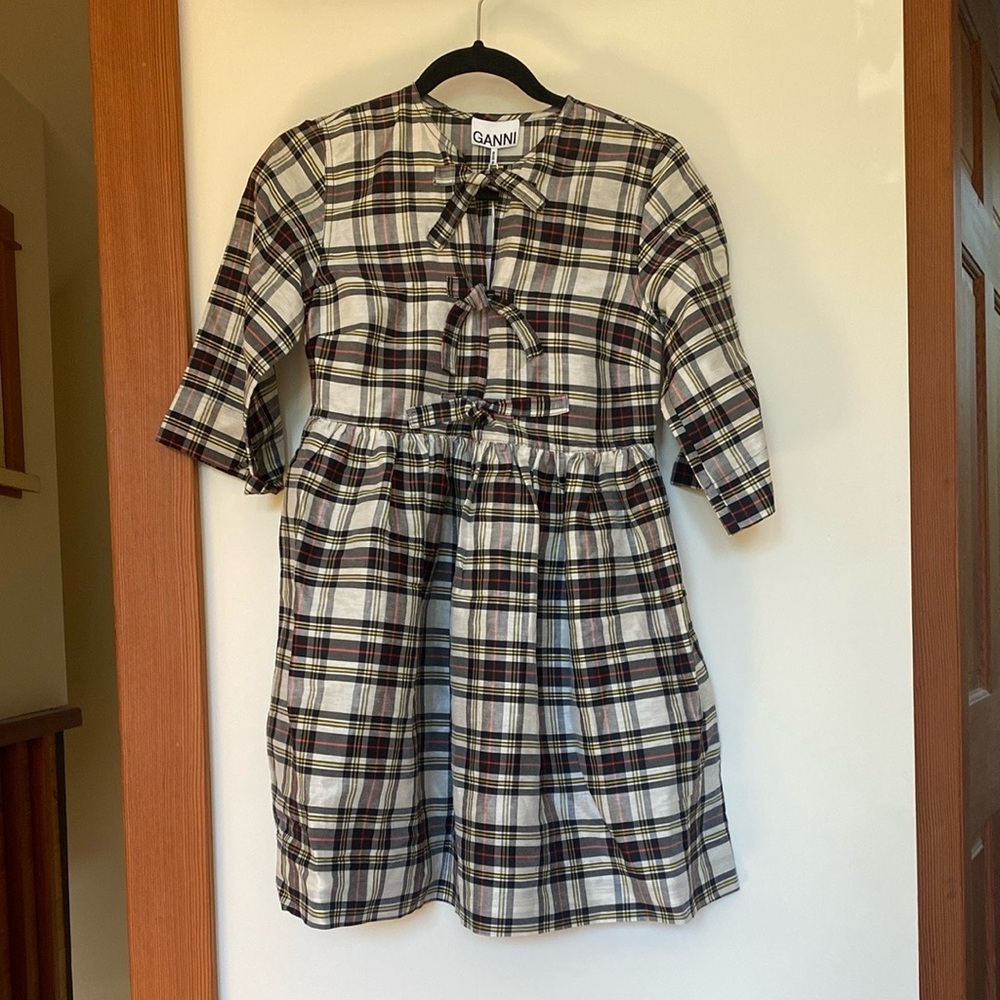 Ganni Silk Check Ribbon Mini Dress